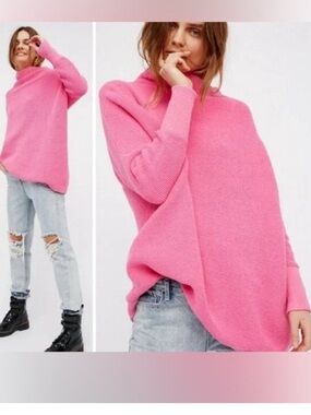 NEW- Free People Hot Pink Ottoman Oversized Cowl Neck Tunic Long Sleeve Sweater
